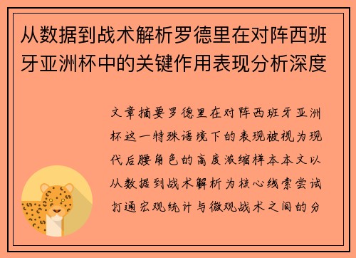 从数据到战术解析罗德里在对阵西班牙亚洲杯中的关键作用表现分析深度