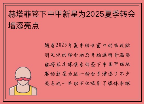 赫塔菲签下中甲新星为2025夏季转会增添亮点